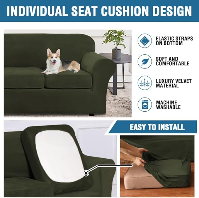 H.VERSAILTEX Real Velvet Plush 3 Piece Stretch Sofa Covers Couch Covers for 2 Cushion Couch Loveseat Covers Width Up to 72 Inch Feature Thick Soft Stay in Place (Medium Sofa, Olive)