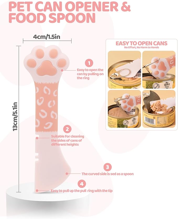 5 PCS Cat Food Can Covers Lids Set - Cute Paw Design Pet Cans Lids Covers with Can Opener, Wet Food Spoon & Cat Treat Squeeze Spoon for Cats, Dogs (Pink)