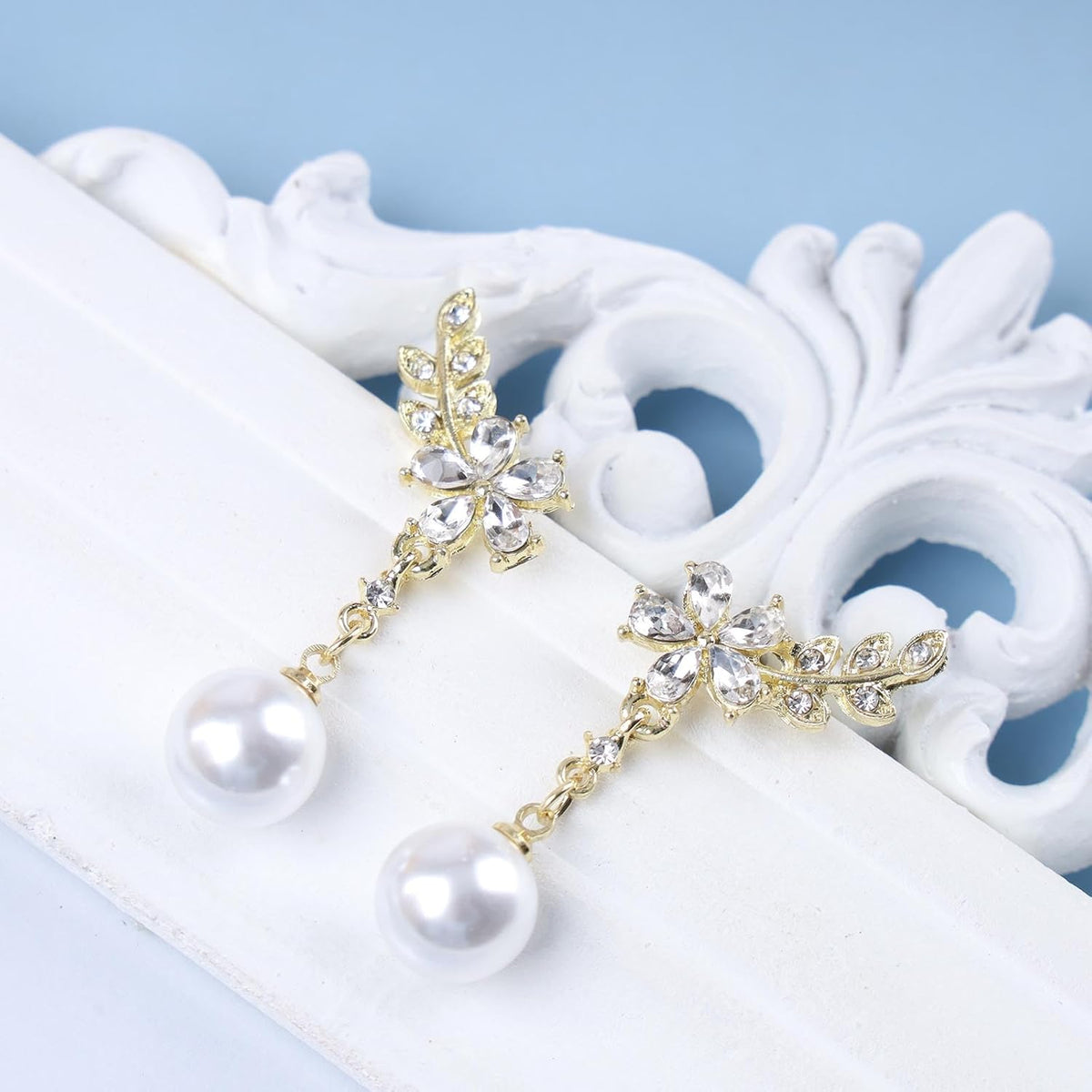 Vintage Crystal Flower Ear Climber Earrings Rhinestone Pearl Dangle Earrings Gold Cz Chain Tassel Earrings Sparkly Pearl Drop Earrings Jewelry for Women