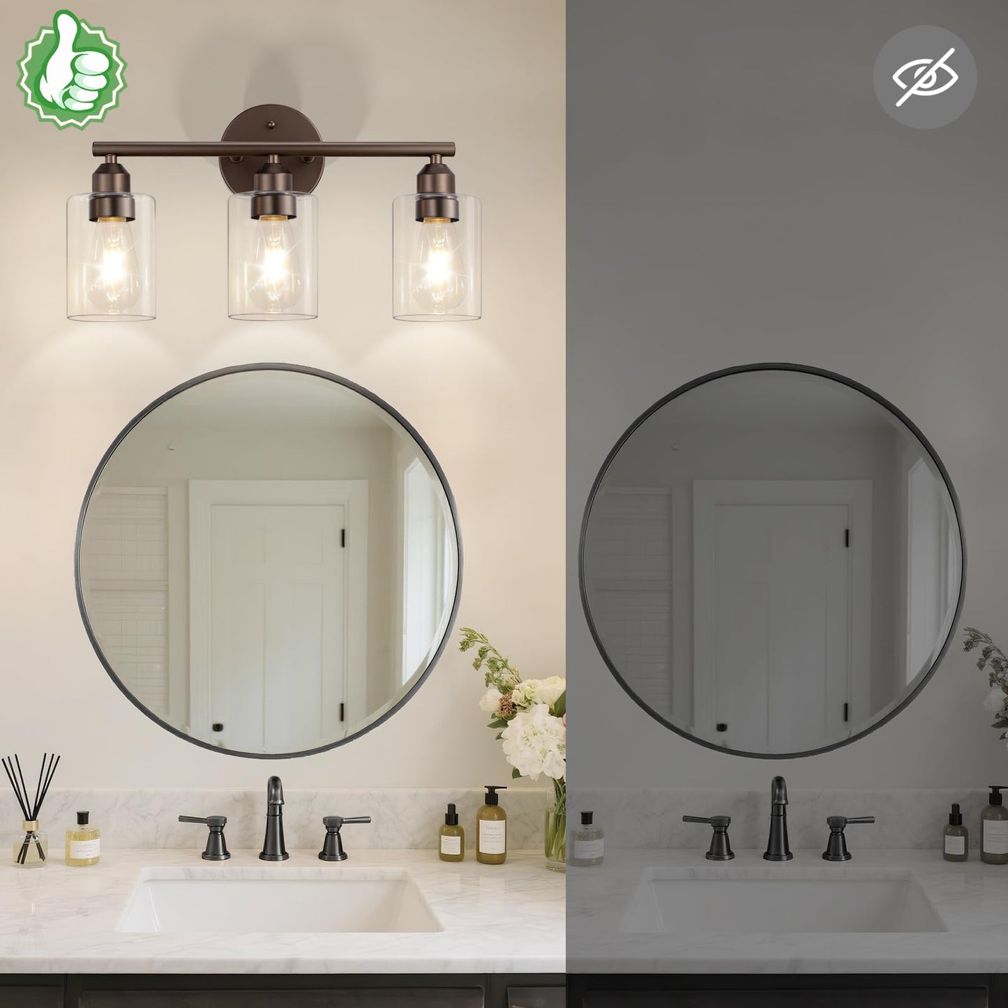 Percantis 3-Light Bathroom Vanity Light Fixture, Modern Wall Lamp for Mirror with Clear Glass Shade (D-Clear Glass & Brown)