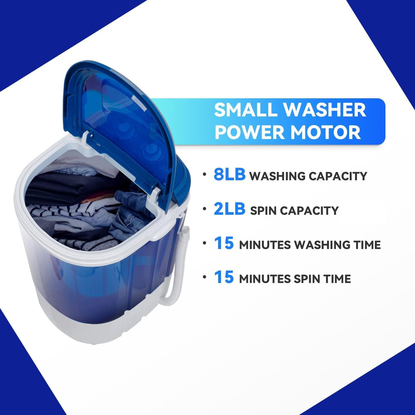 ZENY Portable Mini Washing Machine 8 lbs Washing Capacity Semi-Automatic Compact Washer Spinner Small Cloth Washer Laundry Appliances for Apartment, RV, Camping, Single Translucent Tub Blue
