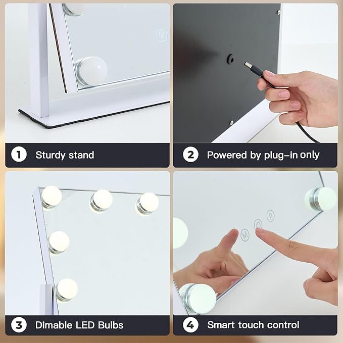 Vanity Mirror with Lights, 13'' x 11'' Lighted Makeup Mirror for Desk, Hollywood Mirror with 12 Dimmable Bulbs, 3 Color Modes, Smart Touch Control, 360°Rotation, Gifts for Women
