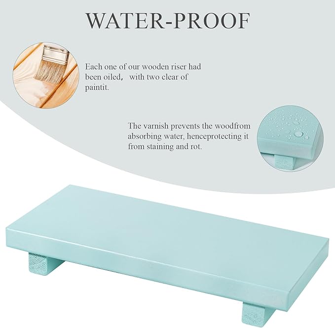 zoocatia Small Wood Tray Pedestal Stand Farmhouse Bathroom Decor Decorative Wooden Riser Kitchen Soap Dish Holder for Vanity, Counter, Sink, 10" x 4.5" - Light Blue