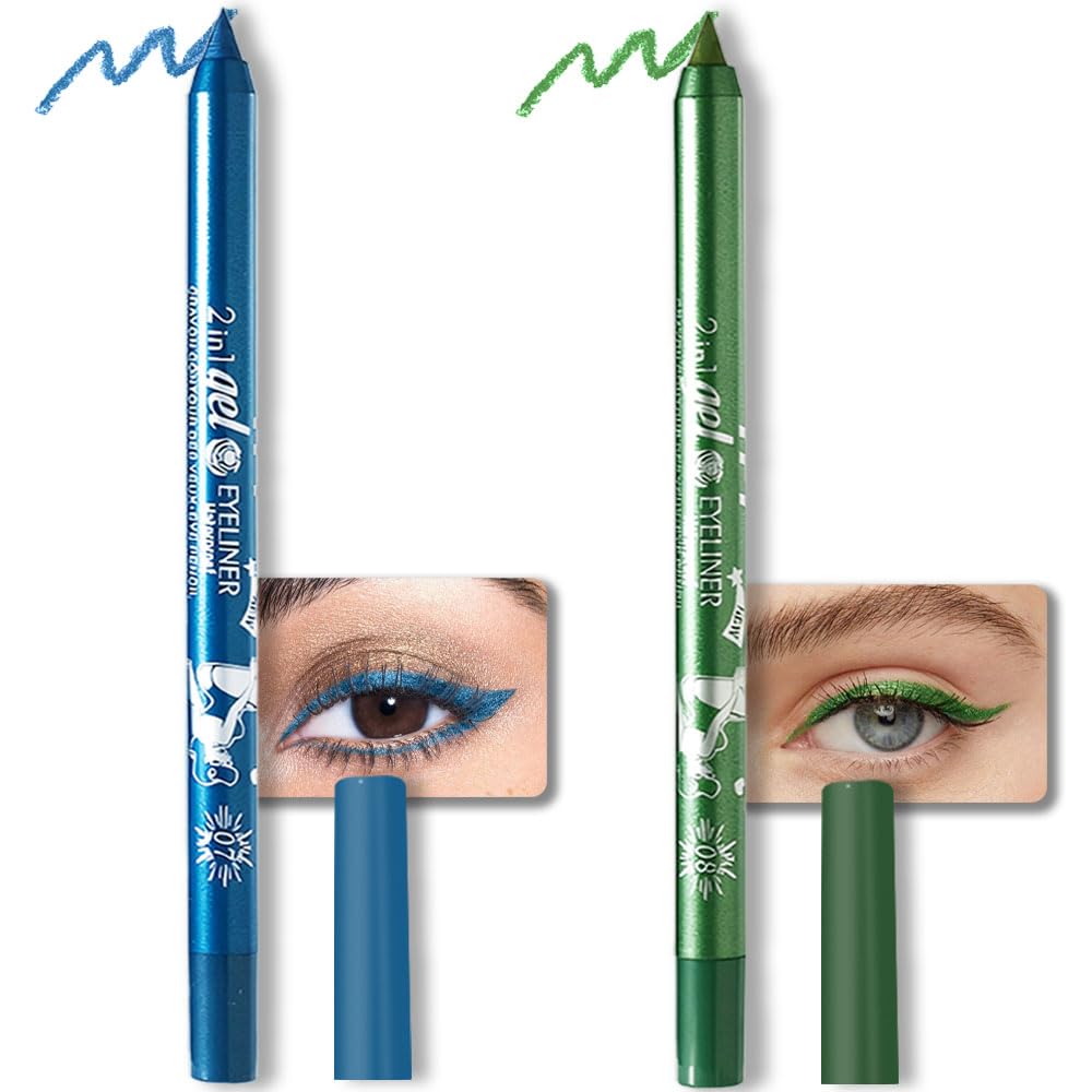 evpct 2Pcs Blue & Green Color Gel Glitter Eyeliner Pencils Set for Women Waterline Waterproof Smudge Proof lapiz de ojos delineador de ojos contra el agua Eye Liner Makeup