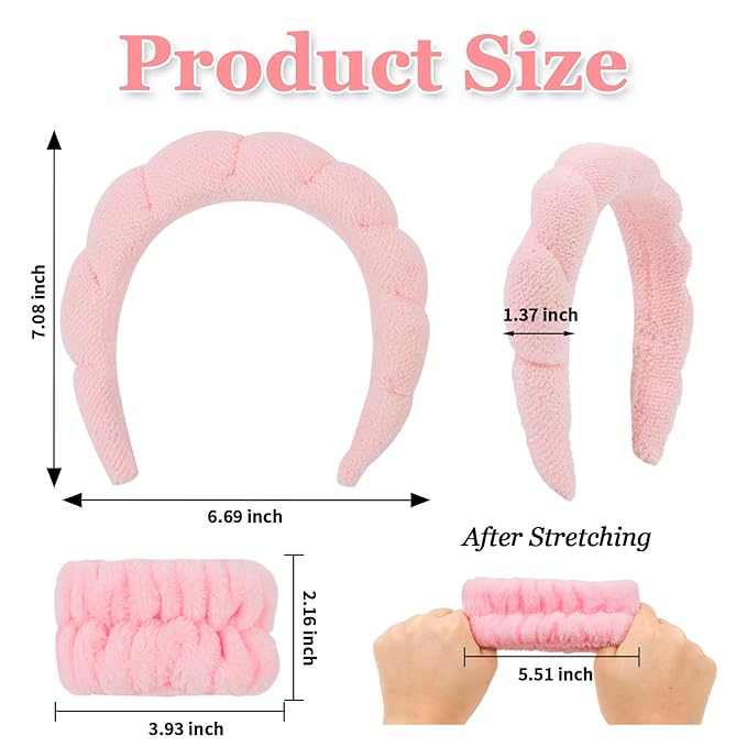 Casoty Spa Headband with Wristband Set, Pink Terry Cloth Non-Slip Hairband Soft Stretchy Skincare Makeup Headwear for Washing Face Yoga Daily Women Girls