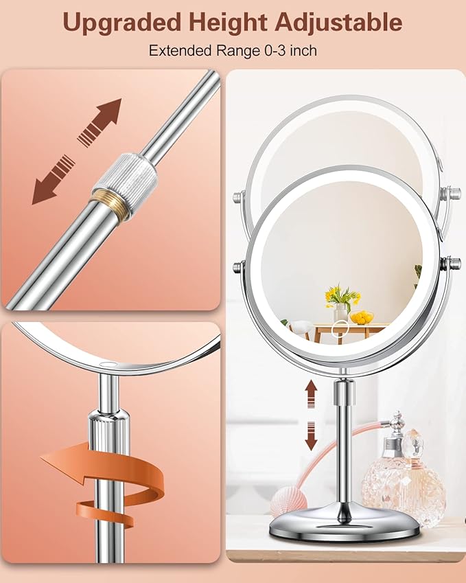 Benbilry Lighted Makeup Mirror with Magnification 10X & 3 Color Lights, Adjustable Brightness & Height, 7 Inch 360° Swivel Rechargeable LED Magnifying Make Up Vanity Mirror with Lighting (Silver)