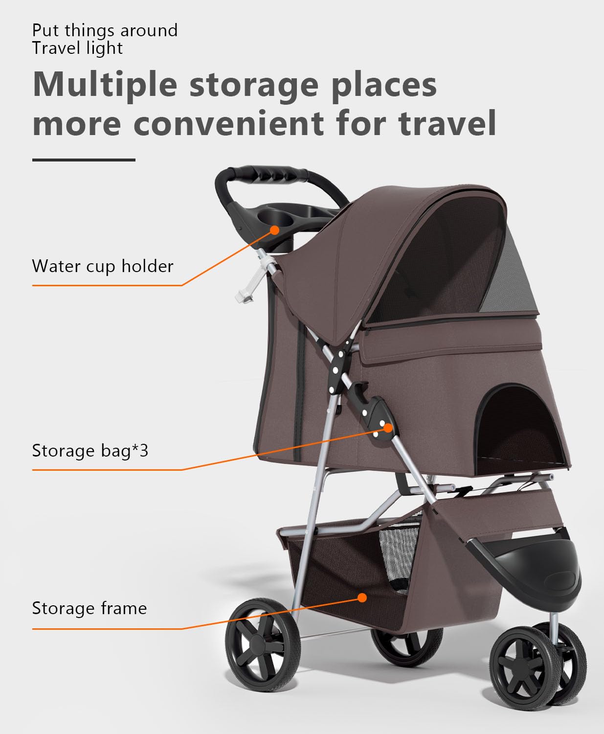 OS MOTOR Pet Stroller with 3 Wheels for Small/Medium Pets, Portable Travel Foldable Carrier Jogger for Dog Cat Puppy Kitty, Rear Wheel Breaks, Storage Basket, Visible Mesh with Weather Cover (Coffee)