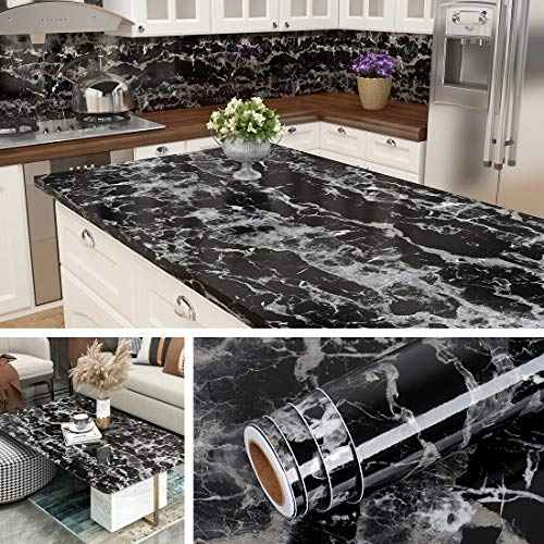 Livelynine Peel and Stick Countertop Contact Paper Waterproof Kitchen Countertop Paper Black Marble Wallpaper Bathroom Counter Top Vinyl Wrap Desk Table Cabinet Covers Removable Backsplash 15.8x78.8