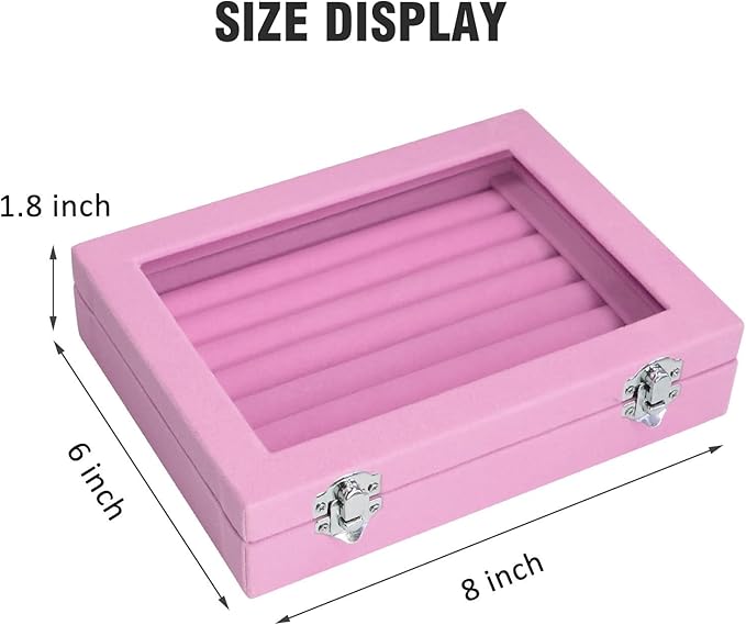 Rings Organizer Tray 7 Slots Velvet Jewelry Earring Storage Box with Transparent lid Jewelry Display Case for Girls Wife Mom Women (Pink)