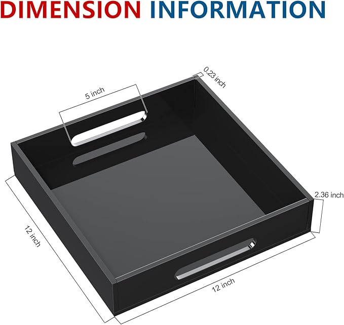 KOTEMON Acrylic Serving Tray with Handles-12x12x2.36Inch-Decorative Tray Letter Tray Organizer for Ottoman Coffee Table Countertop, Black