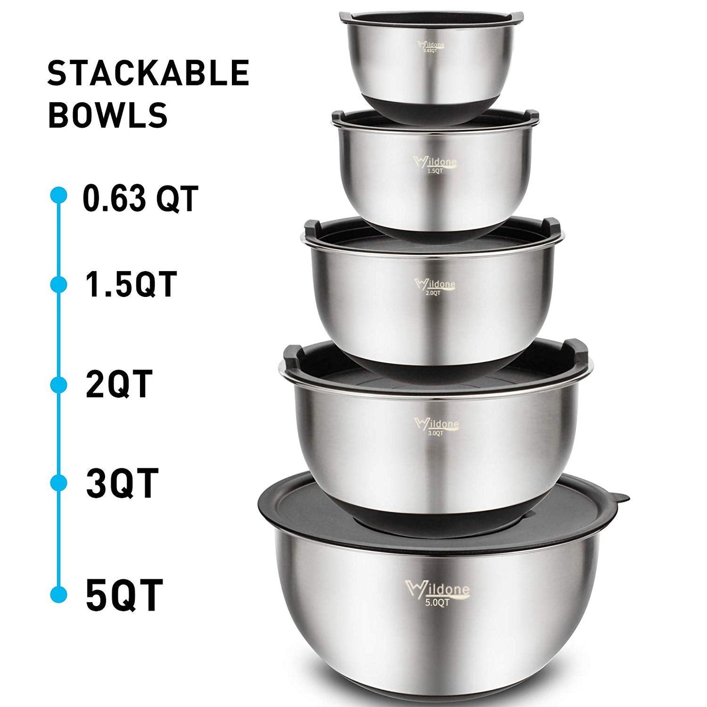 Wildone Mixing Bowls with Airtight Lids Set, 5PCS Stainless Steel Nesting Bowls for Kitchen, with Grater Attachments & Non-Slip Bottoms, Size 5, 3, 2, 1.5, 0.63 QT, Great for Mixing & Serving