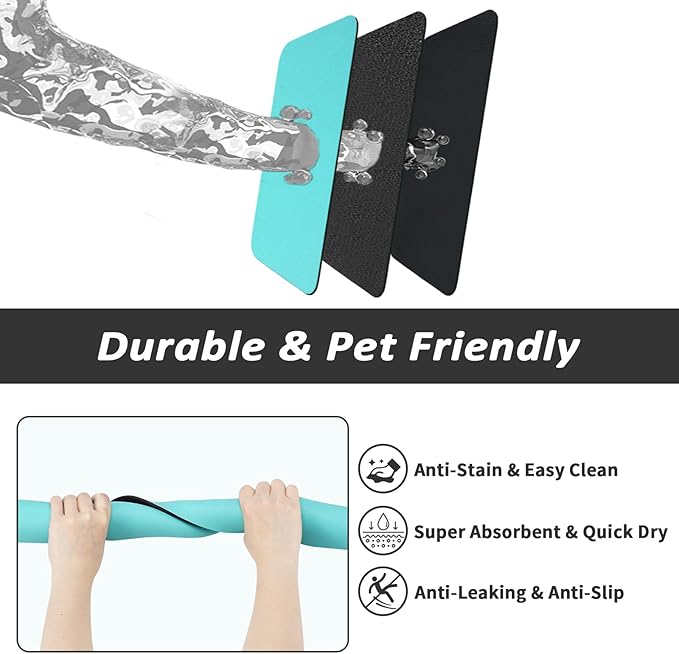 Dog Food Mat - Absorbent Cat Mat for Food and Water, No Stains Pet Feeding Bowl Mat, Easy to Clean Pet Placemats, Quick Dry Dog Water Dispenser Mat for Messy Drinkers | Teal 18"x34"