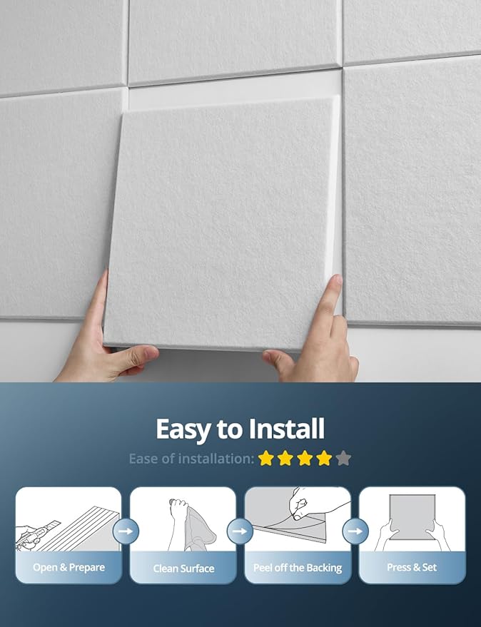 Square Acoustic Wall Panels, Sound Absorbing Panels for Walls, Ceiling, Doors, 12 Pack 12"x12"x0.4" Self Adhesive Decorative White Acoustic Tiles for Recording Studio, Office, Room, Home