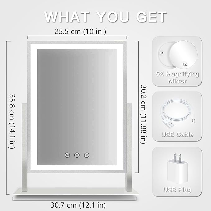HIEEY Lighted Makeup Mirror, Hollywood Vanity Mirror with Lights, Three Color Lighting Modes, and 5X Magnification Mirror, Smart Touch Control, 360°Rotation (14.1in,White,Gift Box)