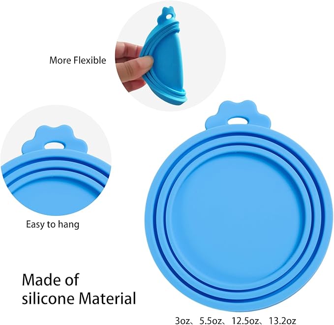 PINE & LINEN 4 Pcs Durable Pet Can Lids,One fit 3 Standard Size Silicone Waterproof Cat Food Cans Lids for 3oz/5.5oz/12.5oz/13.2oz Cat Food Cans（Sky Blue）