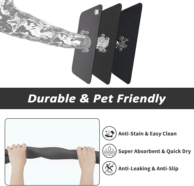 Dog Food Mat - Absorbent Cat Mat for Food and Water, No Stains Pet Feeding Bowl Mat, Easy to Clean Pet Placemats, Quick Dry Dog Water Dispenser Mat for Messy Drinkers | Paw Dark Grey 18"x 28"