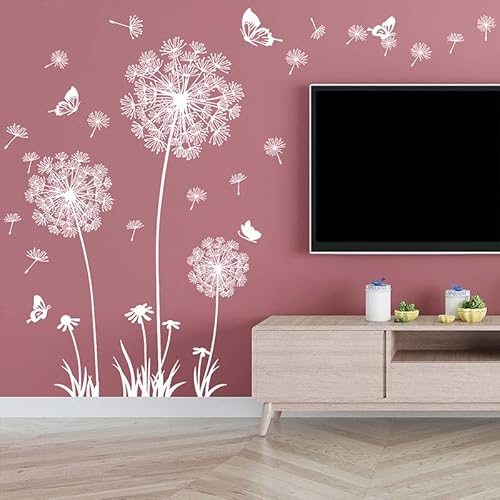 Wall Decals Peel and Stick Wall Stickers Decor Flower Wall Mural for Bedroom Butterfly Dandelion Wall Art Floral Wall Stickers & Murals for Living Room Bathroom Removable Door Sticker