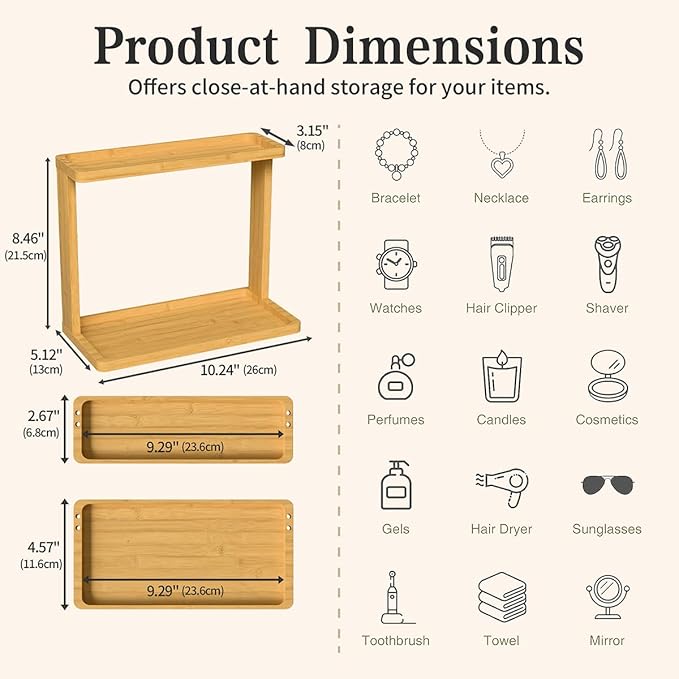 PEKER Bamboo Bathroom Organizer Countertop Ã¢ÂÂ Small Vanity Storage Shelf for Makeup, Perfume, Skincare Ã¢ÂÂ Natural Cosmetics Display Rack for Dresser, Sink, Kitchen Ã¢ÂÂ Natural