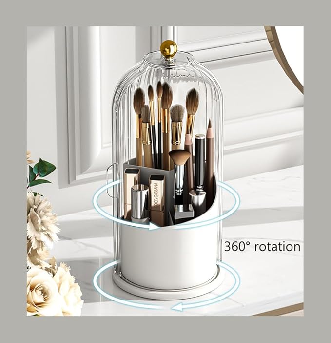 360°Rotating Makeup Brushes holder with Lid，Make Up Organizers and Storage for Vanity Countertop or Bedroom Dresser（Transparent white）