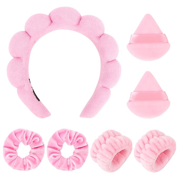 Spa Headband Set, 7Pcs Puffy Terry Cloth Headband and Wristband for Skincare, Makeup, Yoga, Shower, Spa Party, Sleepover Party, Pink