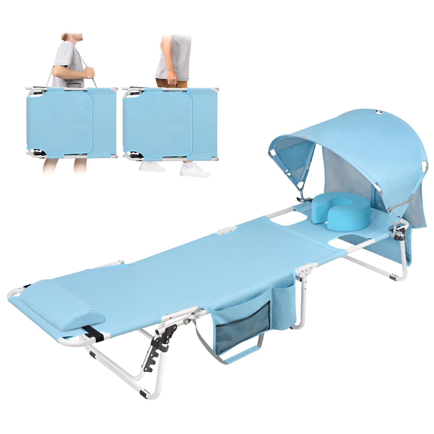 Tanning Chair with Sun Canopy Face Hole Softer Padded Adjustable Washable, Heavy Duty Layout Folding Lounge Chair for Adults Outside Beach Reading Sunbathing Poolside Lawn, UPF 50+ Sun Shade, 300 LBS