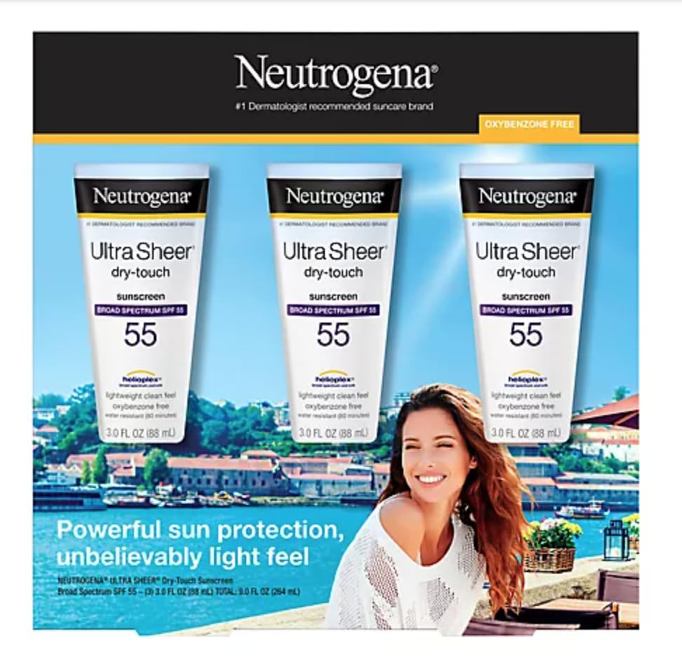 Neutrogena Ultra Sheer Dry-Touch Sunscreen Lotion, Broad Spectrum SPF 55 UVA/UVB Protection, Lightweight Water Resistant Face & Body Sunscreen, Non-Greasy, Travel Size, 3 fl. oZ (3PACK)
