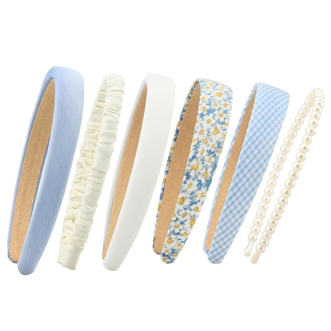 Fashion Headbands Set, 6pcs Pearl Floral Padded Wide Vintage Headbands for Women and Girls (Blue)