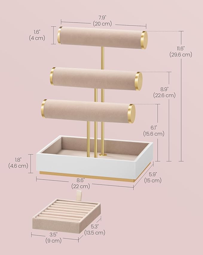 SONGMICS Bracelet Holder Stand, Jewelry Display Stand, Jewelry Organizer, with 3 Tiers and Velvet Tray, Removable Ring Holder, Cloud White and Camel Brown UJJS027A01