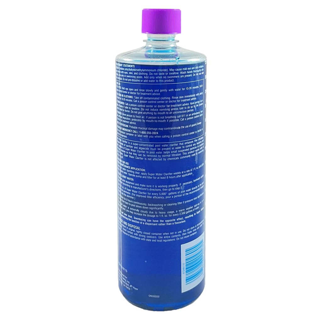 Super Water Clarifier for Cloudy Pool Water, Pollen, Dust & Spring Pool Opening - Highly Concentrated, Enhances Filtration, Crystal Clear Results, 1 Quart