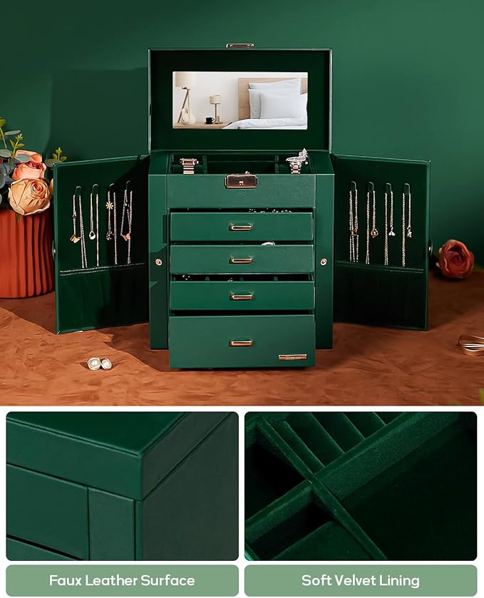 Homde Synthetic Leather Huge Jewelry Box Mirrored Watch Organizer Necklace Ring Earring Storage Lockable Gift Case (Forest Green + Gold)