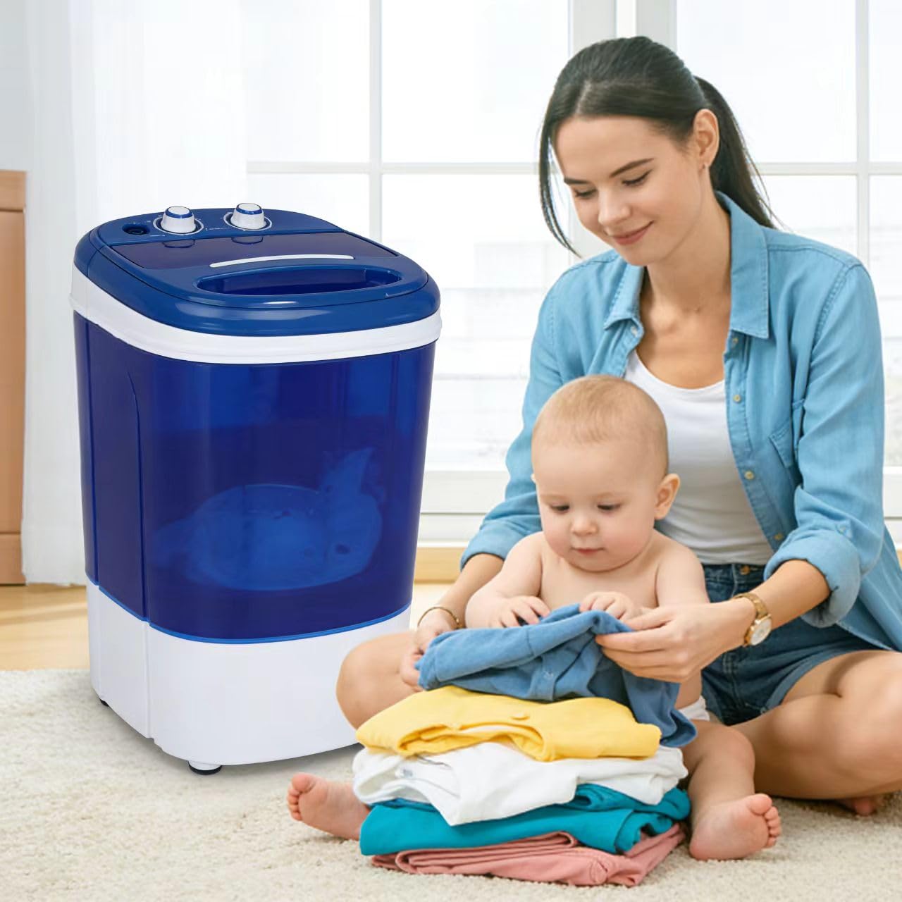 ZENY Portable Mini Washing Machine 8 lbs Washing Capacity Semi-Automatic Compact Washer Spinner Small Cloth Washer Laundry Appliances for Apartment, RV, Camping, Single Translucent Tub Blue
