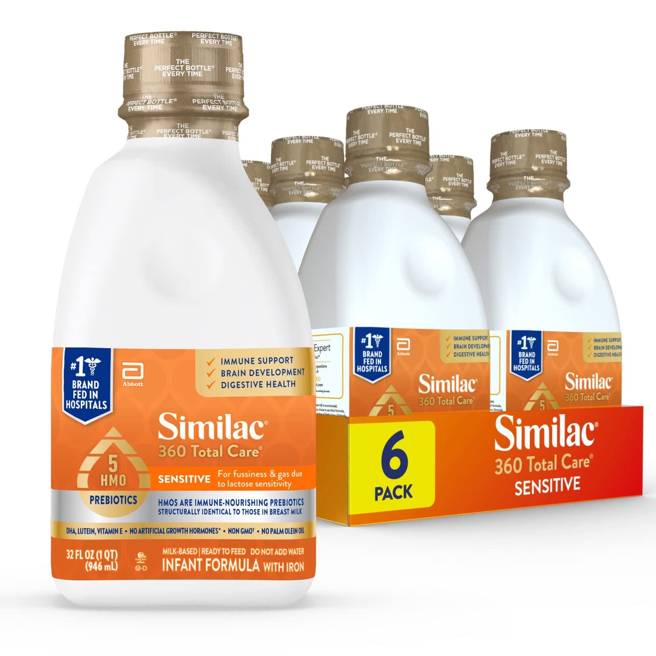 Similac 360 Total Care Sensitive Infant Formula for Fussiness & Gas Due to Lactose Sensitivity, Has 5 HMO Prebiotics, Baby Formula, Ready to Feed, 32-fl-oz Bottle, Pack of 6