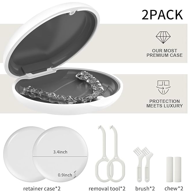 2 Pack Retainer Case, Compatible with Invisalign, Orthodontic Aligner Case with Removal Tool and Brush, White