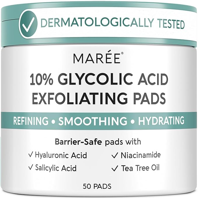 MAREE Glycolic Acid Resurfacing Pads - Toner Pads for Face Cleansing - Exfoliating Pad with Tea Tree Oil, Salicylic Acid & Vitamins E, B3, B5 - Acne Treatment Device for Pore Resurfacing - 50 Count
