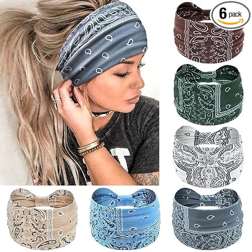 Awumbuk Wide Headbands for Women Knotted No Slip Head Bands Soft Turban Headband Hair Accessories Boho African Solid Color Head Wraps for Women Yoga Workout Pack of 6 (Nature)