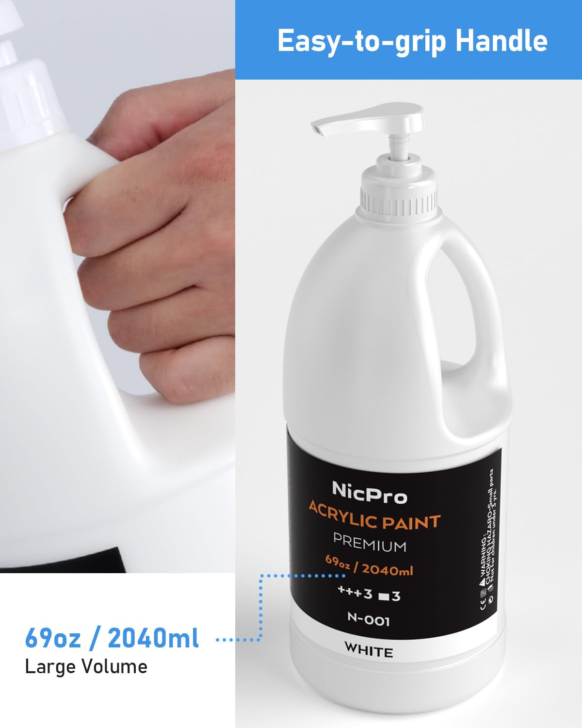 Nicpro White Large Acrylic Paint Set (69 oz, 2040 ml) Rich Art Painting Supplies Non Toxic for Multi Surface, Canvas, Wood, Leather, Fabric Stone Craft, for Beginner & Artist with Pump