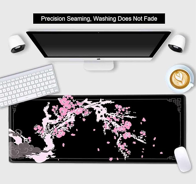 Japanese Pink Cherry Blossom Desk Pad, Black Long Mouse Pad Deskmat, Cute Desk Mat for Desktop, Women Computer Laptop Protector Writing Pads for School Office, 31.5 X 11.8 in- Sakura Flowers