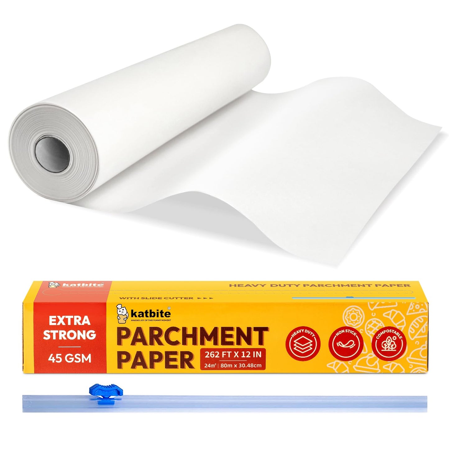 Katbite Heavy Duty Parchment Paper Roll for Baking, 12 in x 262 ft Non-Stick Baking Paper for Cooking, Baking Cookies, Grilling, Air Fryer and Steaming (1Pack)