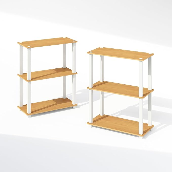 Furinno Turn-S-Tube Storage Shelves Set of 2, 3-Tier Book Shelf, Corner Shelf, Toolless Open Shelves, Square Tubes, for Organization and Storage, Living Room, Garage, Home Office, Beech