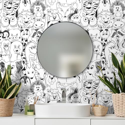 FunStick Black and White Wallpaper Peel and Stick Modern Animal Wall Paper Self Adhesive Vinyl Fun Lion Tiger Deer Dog Animal Contact Paper Removable Wallpaper for Kids Room Bedroom Walls 17.5"x118"