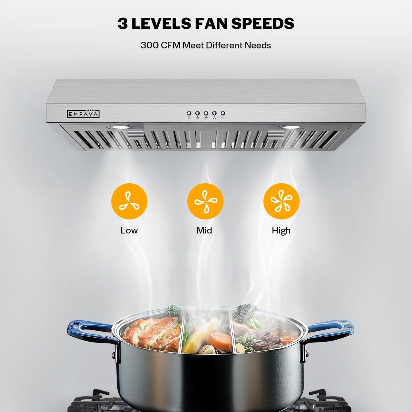 Empava Ductless Under Cabinet Range Hood 36 Inch, Convertible Ducted (Rear/Top Vent), 300 CFM, Push Button Plug in, Stainless Steel