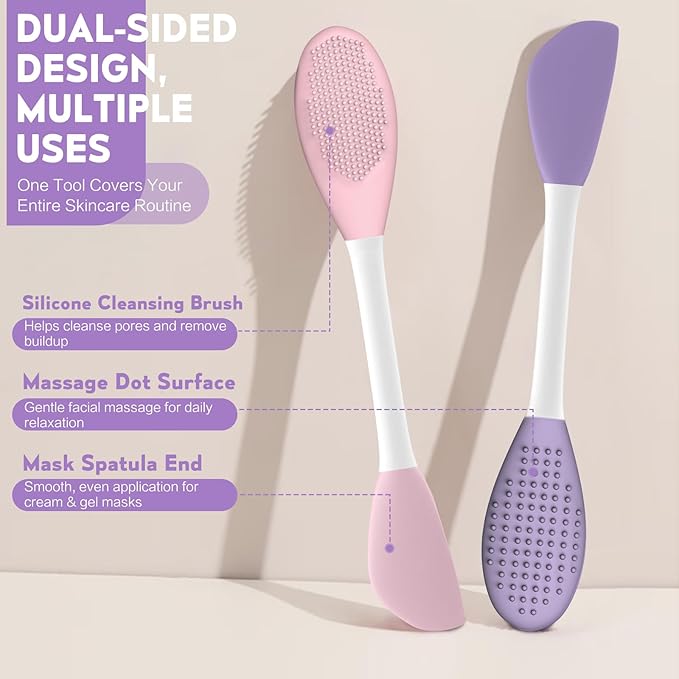 Silicone Pore Cleansing Brush Set, 2PCs Face Mask Applicator Spatula & Facial Massage Tool, Multi-Function Soft Silicone Pore Brush Face Scrubber for Skincare Routine, Pink & Purple