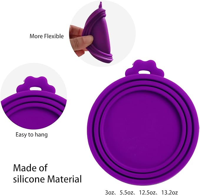 PINE & LINEN 4 Pcs Durable Pet Can Lids,One fit 3 Standard Size Silicone Waterproof Cat Food Cans Lids for 3oz/5.5oz/12.5oz/13.2oz Cat Food Cans（Purple）