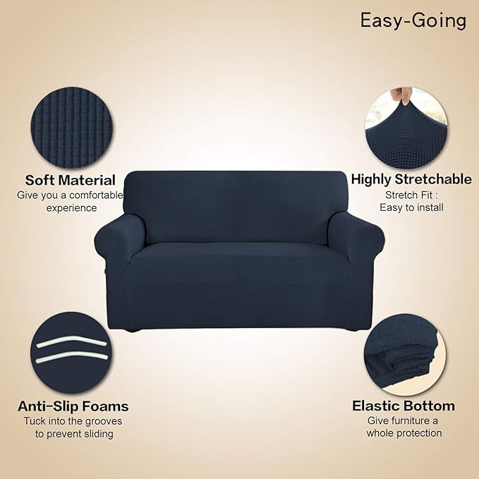 Easy-Going Stretch Sofa Slipcover 1-Piece Sofa Cover Furniture Protector Couch Soft with Elastic Bottom for Kids, Polyester Spandex Jacquard Fabric Small Checks (Sofa, Dark Blue)