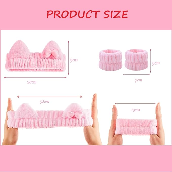 Cute Spa Headband and Wristband Set for Women Kawaii Ear Pink Makeup Headband for Washing Face (3PCS, Pink)
