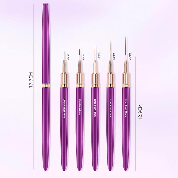 Metallic Nail Art Brushes, 5Pcs Nail Art Liner Brushes, Painting Art Design Brush Set Nail Dotting Drawing Tool for Long Lines, Thin Details, Fine Drawing Sizes 6/9/12/15/18mm, Purple