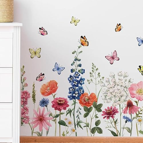 Wildflower Wall Decals Daisy Wildflower Grass Butterflies Wall Stcikers for Girls Bedroom, Living Room, Kids Room Wall Decor