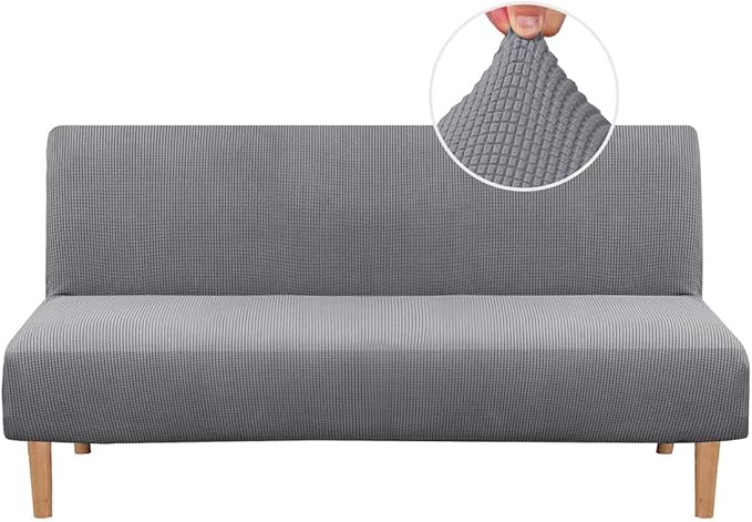 H.VERSAILTEX Armless Futon Cover Stretch Sofa Bed Slipcover Protector Elastic Feature Rich Textured High Spandex Small Checks Jacquard Fabric Futon Cover, Machine Washable, Dove