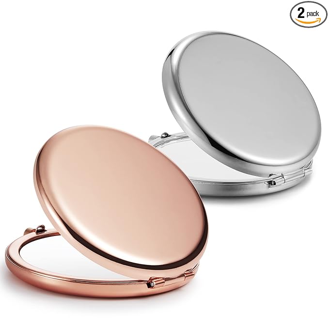 Compact Mirror Bulk, Set of 2 Double-Sided 1X/2X Magnifying Purse Pocket Makeup Mirrors(Round, Rose Gold and Silver)