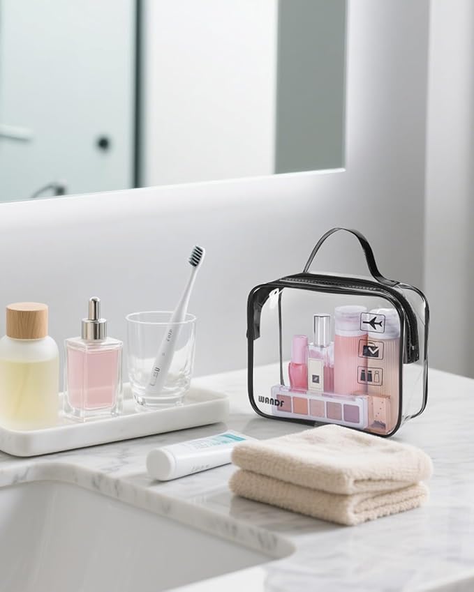 WANDF TSA Approved Toiletry Bag, 2 Packs Travel Clear Toiletry Bag, Quart Size Makeup Cosmetic Pouch with Zipper, Carry-On Airport Compliant Bag for Women and Men (2 pcs, Black with Handle)